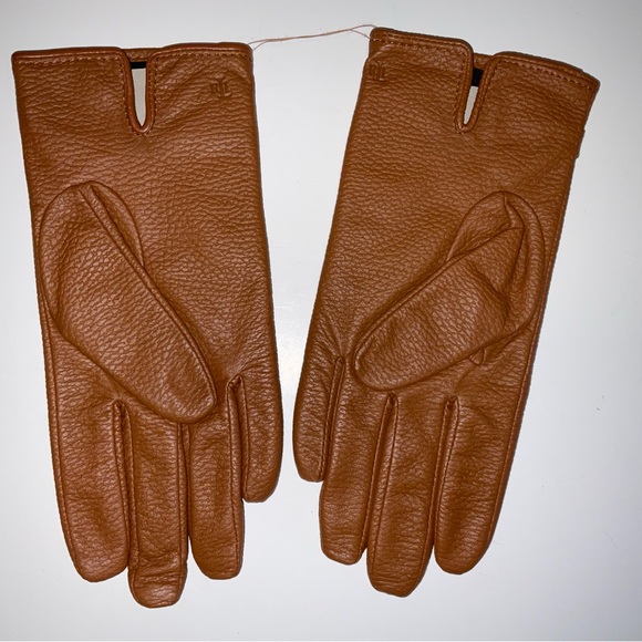 NWOT Women’s Lauren Ralph Lauren Pebble Brown Leather Belt Buckle Gloves Medium - Picture 3 of 4